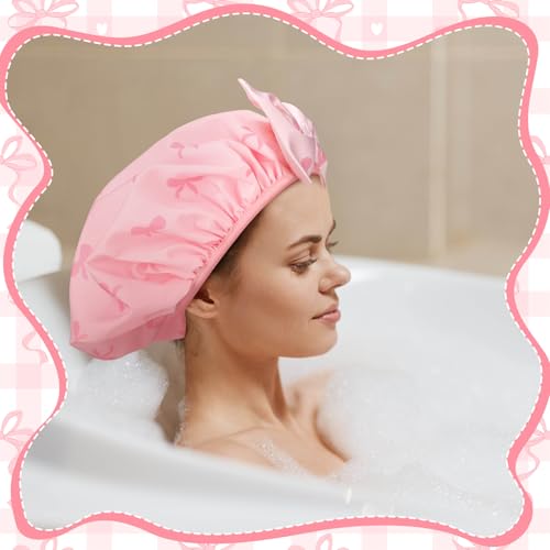 Janmercy Pink Bow Shower Cap for Women Terry Lined Shower Cap Reusable Waterproof Double Layer Bath Bonnet Adjustable Non Slip Quick Dry for Braids Long Straight Curly Hair Women Gifts - color: 3D Bow, style: Pink Bow