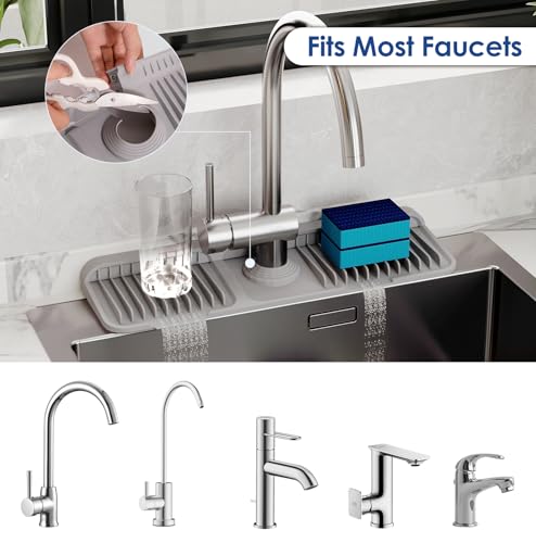 17.7 Inch Silicone Faucet Mat for Kitchen Sink Splash Guard - 7° Slope Upgraded Water Draining Mat with Fasten Button for Bathroom Area (Gray, 17.7''x5.5'') - color: Gray, size: 17.7''x5.5''