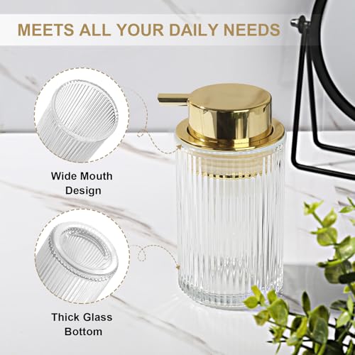 KASUNTING Foaming Soap Dispenser, 2 Pack Clear Glass Foam Hand Soap Dispenser for Bathroom & Kitchen, Refillable Foaming Pump Bottle with Gold Pump, Modern Ribbed Dish Soap Foam Dispenser with 4 Straw - color: Clear Bottle+ Gold Pump, size: Foam-2 Pack