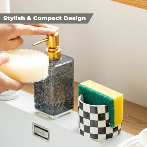 Zoeeker Checkered Kitchen Sink Sponge Holder, Dish Sponge Rack Ceramic Brush Holder Farmhouse Kitchen Drying Rack for Brush, Scrubbers, Bathroom, Sink, Black and White - color: Black and White, size: Cylindrical