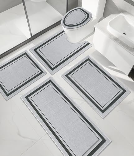 chakme Bathroom Rug Sets 5 Piece, Ultra Thin Bath Mat,Absorbent,Non Slip, Machine Washable, Light Grey - color: Light Grey, size: 5-Piece (17" x 24" / 17" x 30" / 17" x 59")
