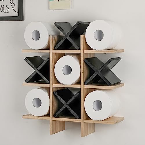 Weysat Tic Tac Toe Toilet Paper Holder Stand Bathroom Wall Decor Rustic Wooden Hanging Storage Freestanding Wall Mounted Shelves Decor for Toilet Tissue Farmhouse - color: Wood Color, Black