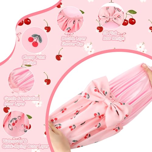 ramede Large Satin Lined Shower Cap for Women Reusable Waterproof Double Layer Bath Cap with Cherry Bow Large Washable Bath Caps with Soft Elastic Band Protect Long Hair Braids - style: Cherry Bow