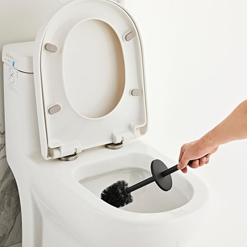 Matte Black Toilet Brush and Holder Set - Stainless Steel Toilet Bowl Scrubber with Replaceable Head & Splash Guard - color: Matte Black