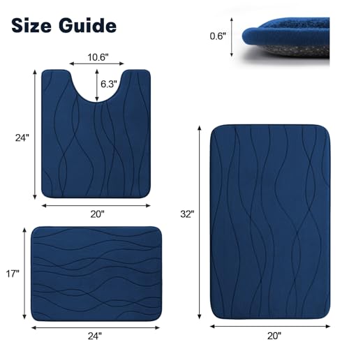 YIHOUSE Bathroom Rugs Set 3 Piece, Memory Foam Bath Mat Navy Blue | Ultra Soft, Absorbent, Non-Slip, Machine Washable, for Bathroom, Sink and Toilet - color: Dark Blue, size: 2'9" x 1'8" (Rectangular)