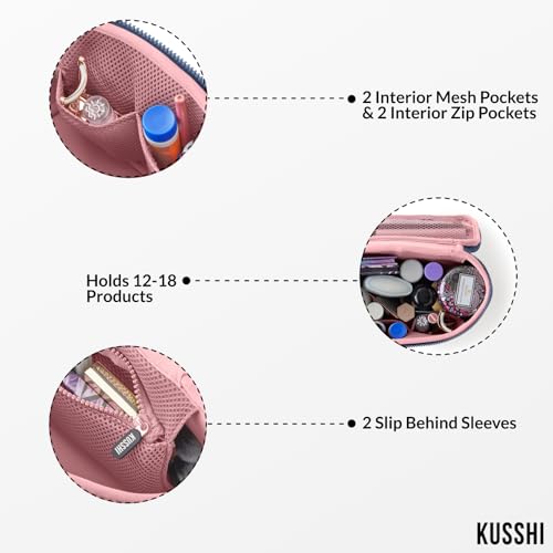 KUSSHI Neoprene Train Case Makeup Bag - Washable Makeup Travel Bag & Vanity Case for Stress Free Travel (Small, Pearl Blue/Sand Pink) - color: Pearl Blue/Sand Pink, size: Small