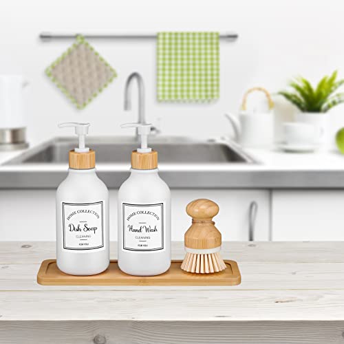 Zopeal 4 Pcs 16 oz Kitchen Soap Dispenser Set with Bamboo Tray and Dish Brush Plastic Soap Dispenser Set with Waterproof Labels for Hand Dish Lotion(Frosted White) - color: Frosted White