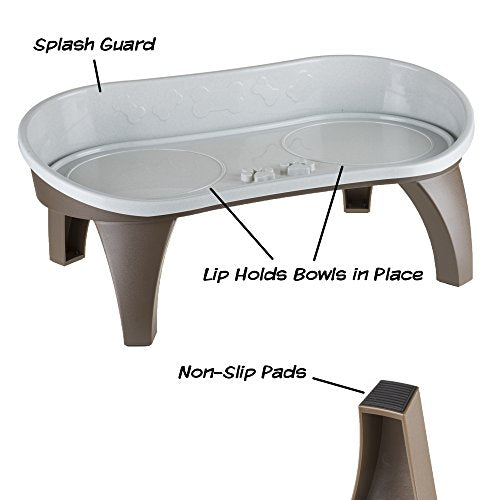Elevated Pet Feeding Tray - 21″ x 11″ x 8.5″ Raised Dog Bowl Stand with Splash Guard and Non-Skid Feet - Comfortable Mealtime for Dogs and Cats by PETMAKER (Brown/Gray)