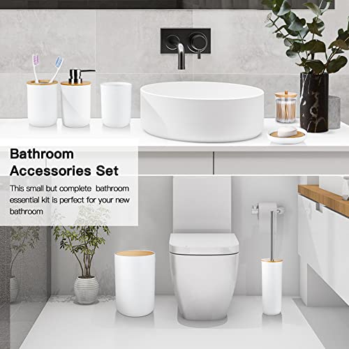Otostar Bamboo Bathroom Accessory Set 6 Piece Bathroom Accessories Set Plastic Gifts Bath Set with Toothbrush Holder Soap Dispenser Qtip Holder Tumbler Soap Dish Toilet Brush Holder Trash Can (White) - style: A-White Bamboo Cover Set