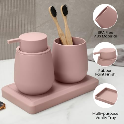 Bathroom Accessories Set, Modern 3 Pcs Bathroom Essentials - Soap Dispenser, Toothbrush Holder & Tray, Countertop Vanity Organizer (Pink) - color: Pink