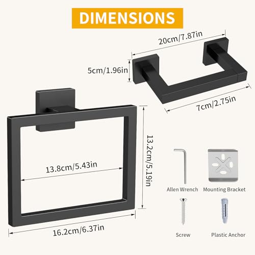 FLE Toilet Paper Holder Wall Mount, Matte Black Bathroom Hardware Set | Stainless Steel Hand Towel Holder Toilet Paper Holder Set, Matte Black Bathroom Accessories Hardware Set