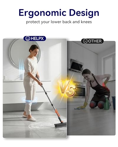 Small Floor Scrub Brush with Length Adjustable Long Handle, 3 in 1 Heavy-Duty Stiff Bristle Scrubber Brush with Squeegee and Tweezer for Cleaning Bathroom, Tile, Deck, Patio, Garage and Kitchen - color: Grayorange