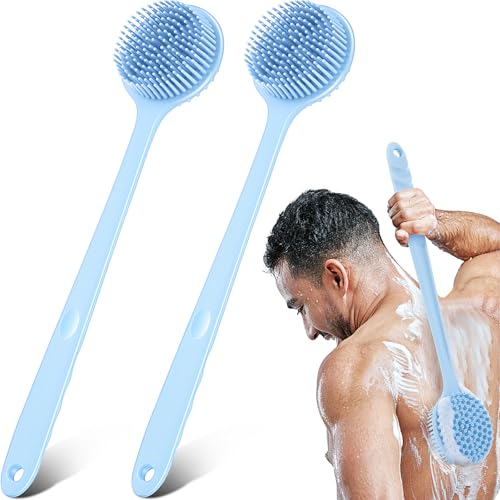 Sunnyray 2 Pack Silicone Back Scrubber for Shower with 15" Long Handle Double-Sided Bath Body Brush for Exfoliating Easy to Clean Quick Dry Deep Cleaning Lathers Well(Nordic Blue) - color: Nordic Blue