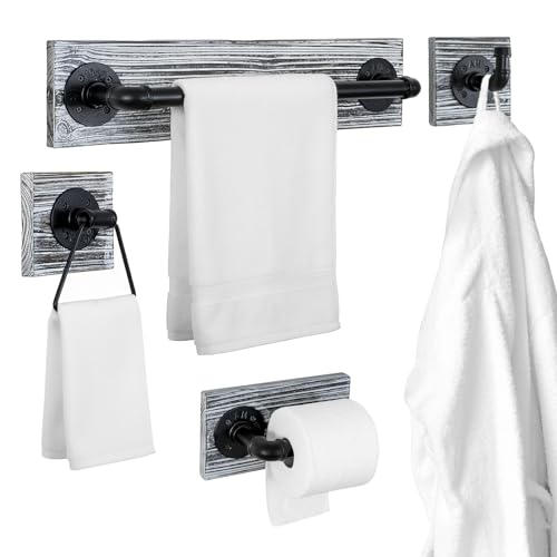 MyGift 4 Piece Wall Mounted Bathroom Hardware Set, Rustic Torched Wood and Industrial Matte Black Metal Pipe Towel Ring, Robe Hook, Toilet Paper Holder and Towel Bar - color: Torched Wood