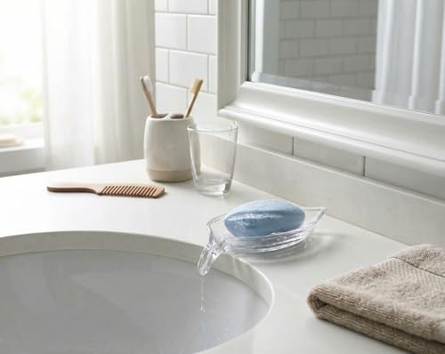 Self Draining Leaf Clear Glass Soap Dish,Bar Soap Holder | Decorative Leaf shape Soap Dish for Shower,Soap Tray,Soap Holder for Bathroom Sink,Vanity&Kitchen,Modern Bathroom Accessory.