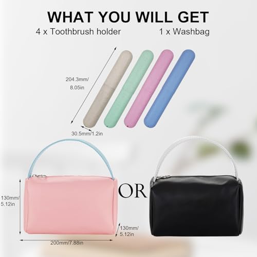 4 Pack Portable Toothbrush Cases, Breathable Plastic Holders and Leather Travel Toiletry Bags, Organizers for Home, Business, Camping（black）