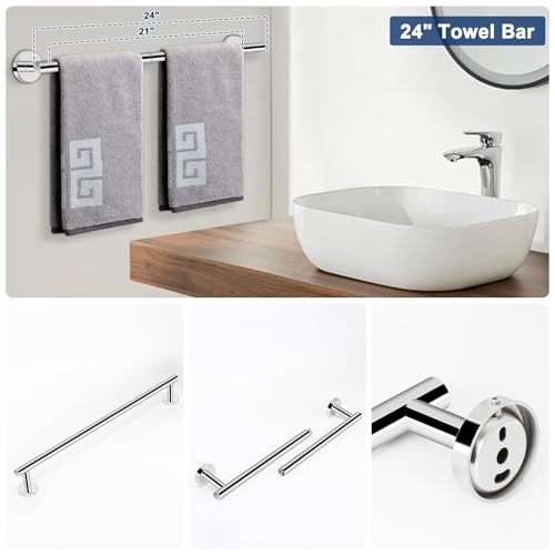 NearMoon 5 Pieces Bathroom Hardware Set SUS304 Thicken Stainless Steel-Towel Rack Kit Include 24" Towel Rod + Bath Towel Ring + Toilet Paper Holder + Robe Towel Hooks Bath Accessories (Chrome Finish) - color: Chrome Finish