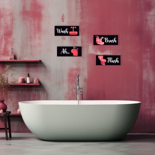 4 Pcs Red Bathroom Decor Funny Red And Black Bathroom Decor Wooden Modern Funny Glitter for Home Toilet Decoration(10x4") - color: Red, size: 10 X 4 Inch