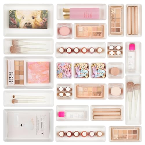 Vtopmart 25 PCS Plastic Drawer Organizers Set, 4-Size Versatile Bathroom and Vanity Drawer Organizer Trays, Storage Bins for Makeup, Bedroom, Kitchen Gadgets Utensils and Office - color: White