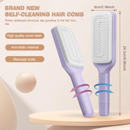 2PCS Self-Cleaning Massage Brush and Telescopic Comb - One-Click Cleaning, Rotating and Airbag Massage, Suitable for All Hair Types (Purple + Gray)