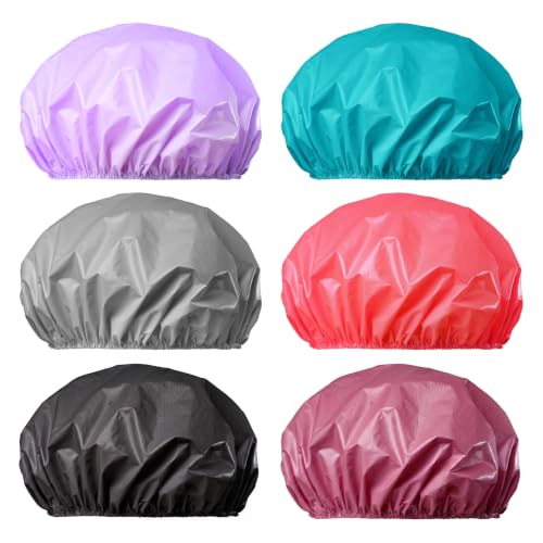 6 PCS Shower Caps for Women, Double Side Waterproof Shower Cap, Reusable Elastic Bath Caps for Shower, EVA Bathing Shower Caps, Bath Hair Caps - Black+Plum+Teal+Red+Lavender+Gray - color: Solid C - (Black+Plum+Teal+Red+Lavender+Gray)