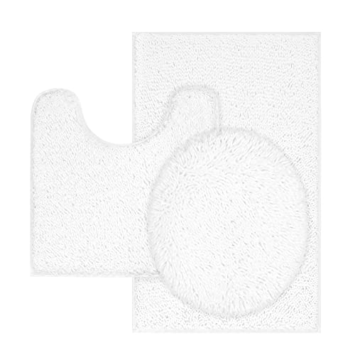 TREETONE Chenille Bath Mat 3 Piece Bathroom Rugs Set, 20x20 Inchs U-Shape Contoured Toilet Mat & 20x32 Inchs Rug & Lid Cover, Soft, Water Absorbent Plush Rugs for Tub Shower & Bath Room -White - color: White, size: Set of 3-Medium 20" x 30"/Contour/Lid Co