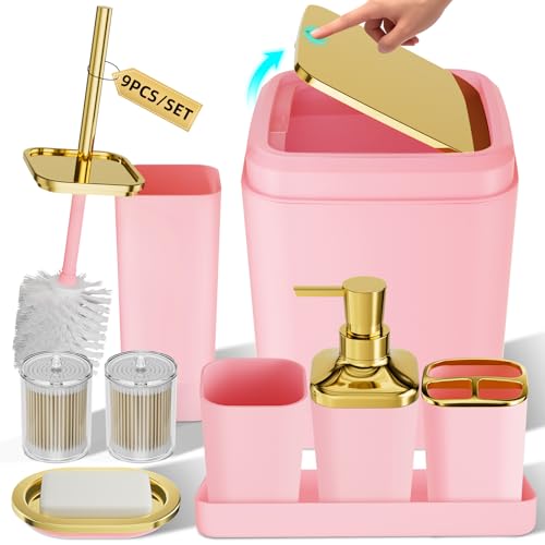 XLHOMO Bathroom Accessories Set - Luxury Pink Bathroom Set, 9 Pieces Bathroom Accessory Set, Pink Bathroom Accessories with Trash Can, Toilet Brush & Soap Dispenser - color: Pink & Gold, size: Bathroom Set
