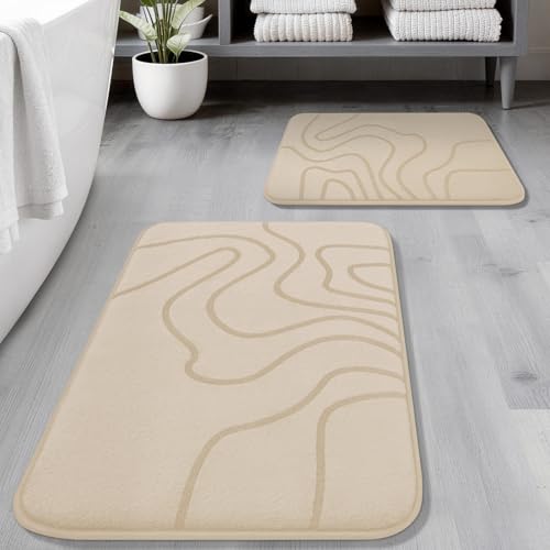 YIHOUSE Memory Foam Bathroom Rugs Sets 2 Piece - Extra Thick Ultra Soft Absorbent Bath Mat Set, Non-Slip Machine Washable Bath Rugs for Bathroom, Tub & Shower, Home Decor (32"x20"+24"x17", Beige) - color: Beige, size: 1'5" x 2'8" (17"x24"+20"x32")