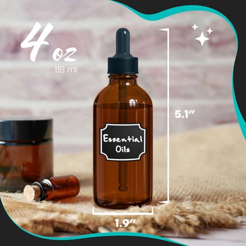 Nevlers Amber Glass Dropper Bottle 4oz 24 Pack Set | Tincture Bottles with Dropper , Labels, Marker, Funnel, Brush & Shrink Wrap | Glass Dropper for Oils | Amber Bottles 4 oz Kit - color: Amber