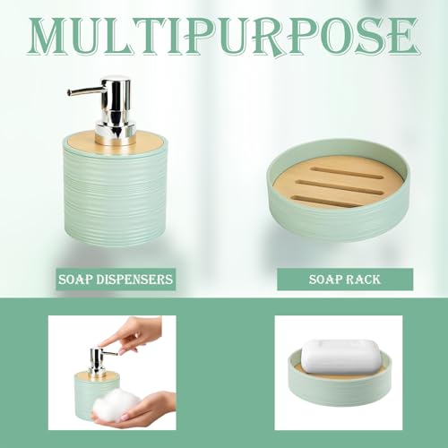 Bathroom Accessories Set 4 Piece Bamboo Bath Ensemble Includes Soap Dispenser and Toothbrush Holder Set, Soap Dish and Mouthwash Cup.Bohemian Style-Brief but not Simple(Green)