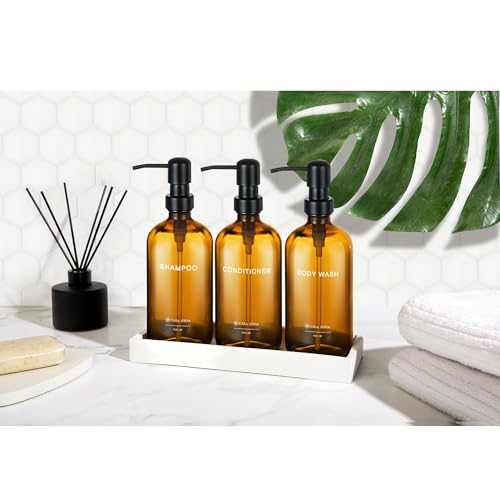 Amber Glass Shampoo and Conditioner Dispenser Set – Refillable 16 oz Pump Bottles with Concrete Tray – Luxury Bathroom Organization & Modern Shower Soap Dispensers - color: Amber Glass