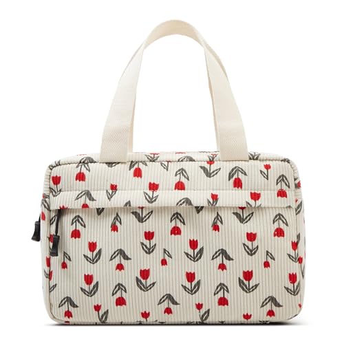 Large Makeup Bag for Women Corduroy Cosmetic bag Make up Bags Zipper Pouch with handle Cosmetic Organizer Toiletry Bag for Travel Storage - color: 12-Red Tulip