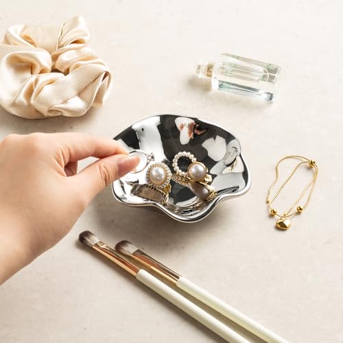 Ceramic Lotus Leaf Trinket Dish, Ring Holder for Jewelry | Keeps earrings, necklaces, keys, and keepsakes handy on vanities or nightstands, a sweet gift for moms, sisters, and friends - color: Electroplated silver
