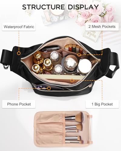 Relavel Portable Makeup Bag for Travel, Cosmetic Shoulder Bag with Removable Buckle, Compact Toiletry Organizer Storage with Accessories, Separate Makeup Brush Compartment for Daily Use - color: 03-Black, size: MEDIUM