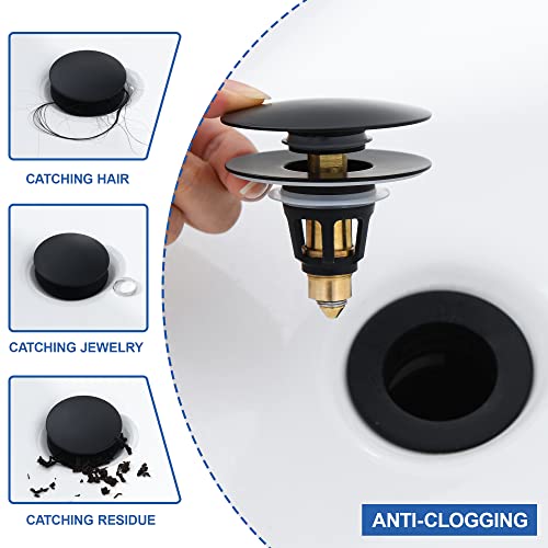 Universal Bathroom Sink Stopper - Pop Up Sink Drain Stopper, Push Button Flixfilter Sink Drain Stopper Replacement, Wash Basin Drain Filter Plug Anti-Clogging Basket, Matte Black - color: Matte Black, style: Large Cover