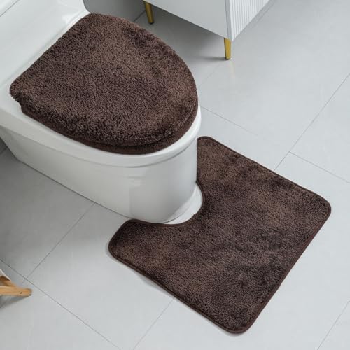 3piece Toilet Seat Cover Set - Toilet Seat Cover +Toilet Lid Cover + toilet rugs u shaped washable, Fits Most Elongated Round and Oblong Toilet,(Machine Washable,Quick-Dry) coffee - color: coffee
