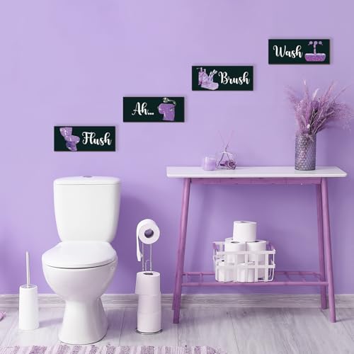 4 Pcs Purple Bathroom Decor Purple And Black Wall Decor Large Wooden Bathroom Accessories Modern Funny Glitter Decoration Set for Home Toilet(14x5.5 Inch) - color: Purple, size: 14 X 5.5 Inch