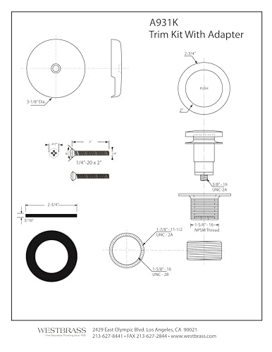 Westbrass A931K-05 Universal 1-3/8" Fine Thread Tip-Toe Bathtub Drain Plug Trim Set with One-Hole Overflow Faceplate and 1-1/2" Adapter Bushing, Polished Nickel - color: Polished Nickel