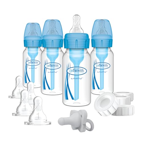 Dr. Brown’s Natural Flow Anti-Colic Options+ Narrow Breast to Bottle Pump & Store Feeding Set with Slow Flow Nipples, Baby Bottle Travel Caps and 100% Silicone HappyPaci One-Piece Pacifier, Blue - color: Blue
