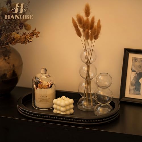 Hanobe Decorative Trays for Coffee Table : Black Oval Centerpiece Tray Wood for Farmhouse Entry Table Decor Round Bathroom Tray for Living Room Kitchen Counter - color: Black
