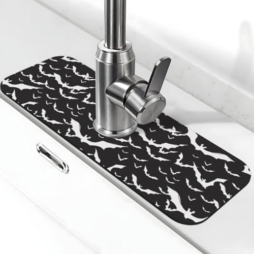 Bats Halloween Goth Silhouettes Black White 15" X 5.5" Kitchen Sink Splash Guard Faucet Faucet Guard Draining Mat Sink Splash Guard Faucet Kitchen Bathroom - color: Bats Halloween Goth Silhouettes Black White