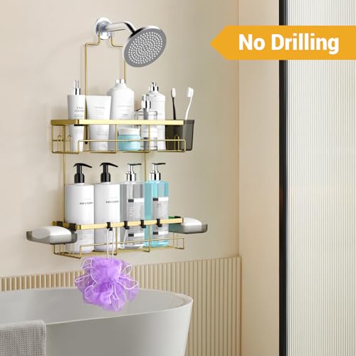 AKTECKE Shower Caddy Hanging Bathroom Organizer: Rustproof Shelf for Inside Shower - No Drilling Racks Over Showerhead - Bath Shelves for Shampoo Soap Gold - color: Gold