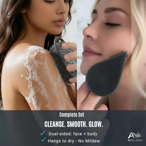 Avilana Premium Body Scrubber and Face Brush Set - Trusted Since 2017 - SGS Certified Silicone 2-in-1 Shower Kit, Dual Sided Gentle Exfoliating Loofah Alternative Sensitive Skin Women Men Gift - color: Dark Gray, size: Body & Face