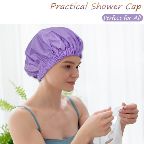 Reusable Shower Cap for Women – Large Waterproof Satin Shower Bonnet for Long, Curly & Braided Hair, Washable Bath Hair Cover, Purple - color: Purple