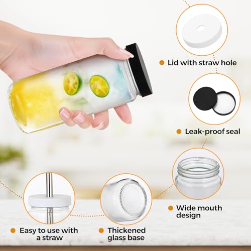 Jarsoph 18oz 6pcs Glass Juice Bottles with Lid, Water Containers with Caps | Reusable Tall Mason Jar for Drinking, Smoothie and Other Beverages BPA Free 100% Leak Proof Drinking - size: 18oz-Black Lid