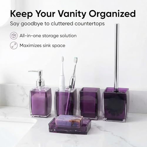 5 Pcs Purple Acrylic Bathroom Accessories Set Complete,Lotion/Soap Dispenser,Soap Dish,Toothbrush Holder, Tumbler,Toilet Brush and Holder,Modern Bathroom Decor and Housewarming Gift Set,Purple - color: Purple