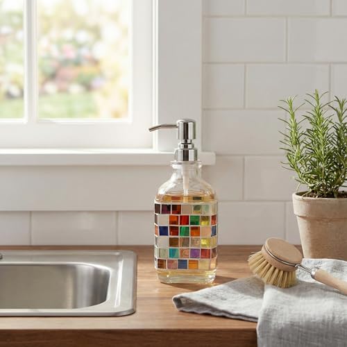 BOPPIE Handcrafted Mosaic Glass Soap Dispenser, Modern Countertop Hand & Dish Soap Dispenser for Bathroom/Kitchen, Refillable Liquid Soap Bottle with Stainless Steel Rust Proof Pump (Mosaic Grid) - color: Mosaic Grid