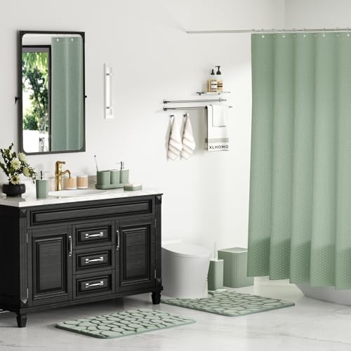 XLHOMO Bathroom Accessories Set - 25PC Sage Bathroom Set, Bathroom Set with Shower Curtain and Rugs, Sage Green Shower Curtain Set, Bathroom Accessory Set, Trash Can & Soap Dispenser - size: Bath Set+Shower Curtain+Rugs, style: Sage Green&Silver