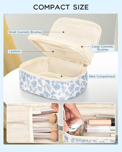 Relavel Travel Makeup Bag, Mini Floral Cosmetic Bag with 2 Makeup Brush Holders, Portable Makeup Pouch for Women, Cute Toiletry Bag with Double Layer Organizer, Blue Flower-Smaller - color: 01-Blue Flower, size: SMALL