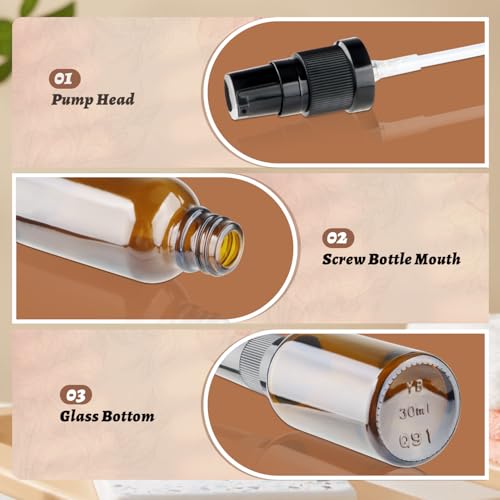 12 Pcs Amber Glass Pump Bottle Refillable Lotion Foundation Container Cosmetic Dispenser with Press Pump for Essence Lotion Travel - 30ml/1oz - size: 30 ml